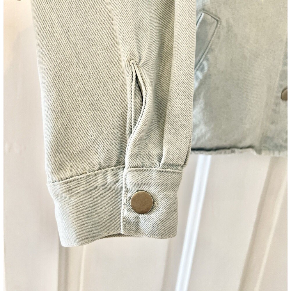 Ellison Oversized Crop Light Wash Denim Jacket Peter Pan Big Ruffle Collar Sz S - Picture 4 of 14